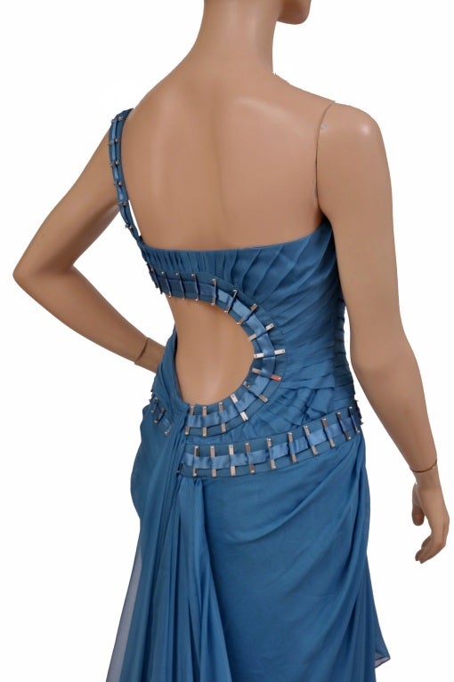 $12, 310 New Versace One Shoulder Blue Silk Gown 5