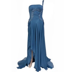 $12,310 New Versace One Shoulder Blue Silk Gown 7