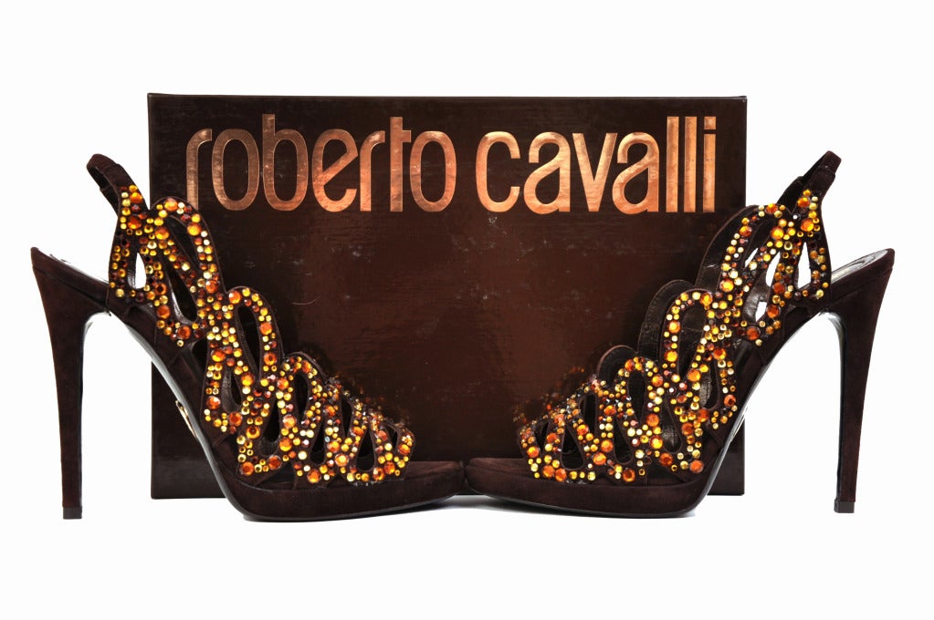 Black Roberto Cavalli Crystal Embellished Brown Suede Leather Platform Shoes 38; 38.5