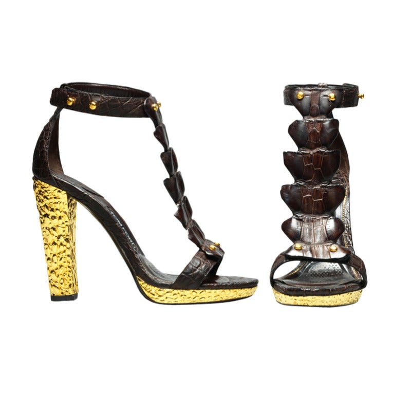 Tom Ford alligator t-bar sandals with metallic gold heel