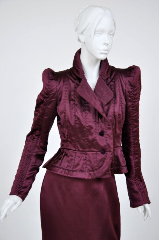 Black TOM FORD for YVES SAINT LAURENT BURGUNDY SILK SKIRT SUIT