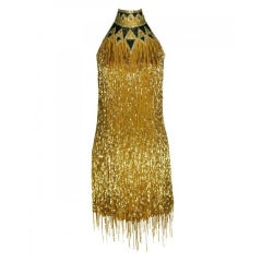 80-s Rare Bob Mackie Gold Perlen Fransen Kleid