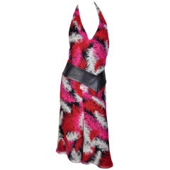 Versace Feather print silk dress with leather 3