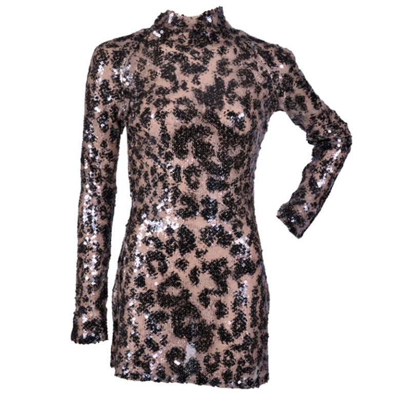 New TOM FORD NUDE COLORED, LEOPARD PRINTED, HAND EMBROIDERED SEQUINED LACE EVENING MINI DRESS