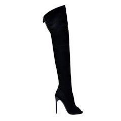 New TOM FORD BLACK STRETCH-SUEDE OVER THE KNEE BOOTS WITH OPEN TOE