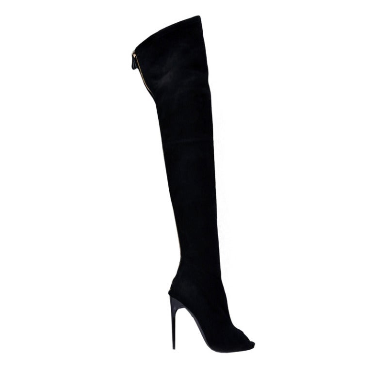 New TOM FORD BLACK STRETCH-SUEDE OVER THE KNEE BOOTS WITH OPEN TOE at ...