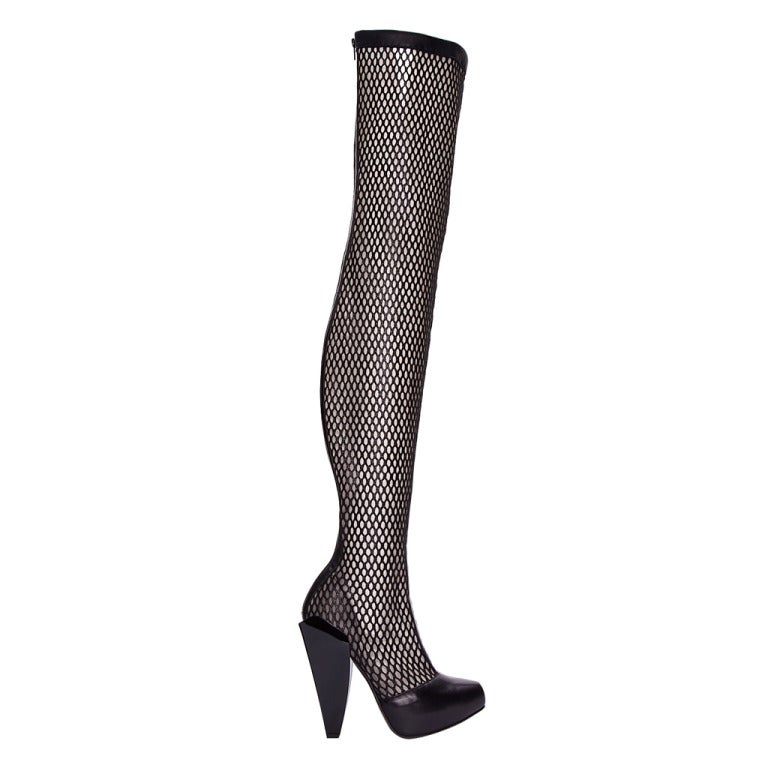 NEW VERSACE THIGH HIGH BLACK LEATHER MESH Boots 36, 40 For Sale