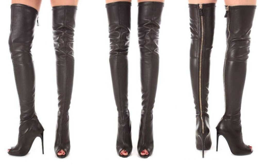 Neu TOM FORD SCHWARZE STRETCH-LEDERSTUFFE ÜBER DEN KNEE-Stiefeln MIT OFFENER SPITZE im Zustand „Neu“ in Montgomery, TX
