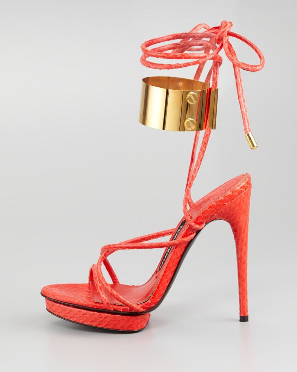 Tom Ford
Brass Ankle-Wrap Snakeskin Platform Sandal