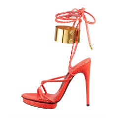 Tom Ford Brass Ankle-Wrap Snakeskin Platform Sandal