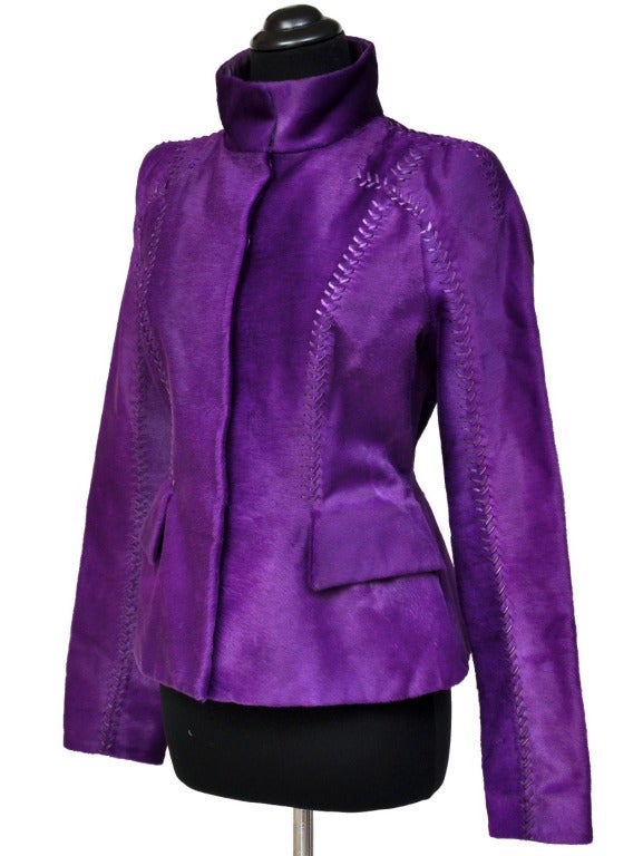 New TOM FORD CAVALLINO VIOLET FUR CHEVRON STITCHED FITTED JACKET 4