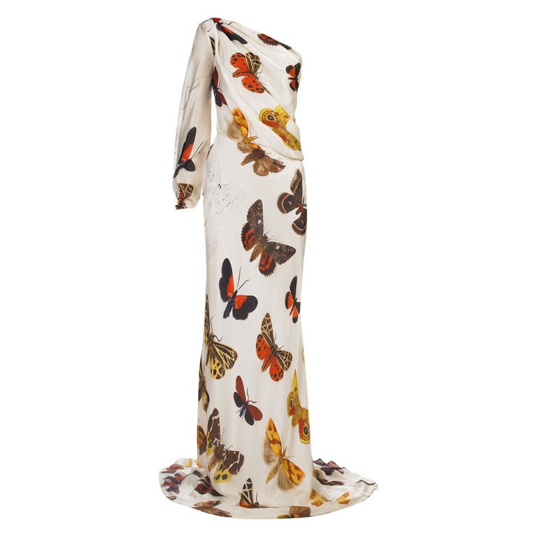 2005 Alexander McQueen One Shoulder Butterfly Print Gown