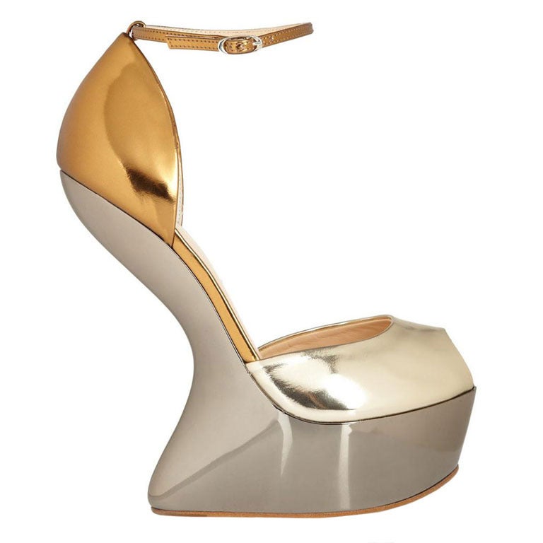 NEW GIUSEPPE ZANOTTI GOLD and SILVER MIRROR-EFFECT CUTOUT WEDGE LEATHER SHOES