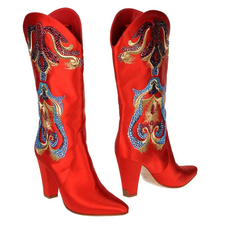 New RARE CASADEI RED CRYSTAL EMBELLISHED COWBOY BOOTS