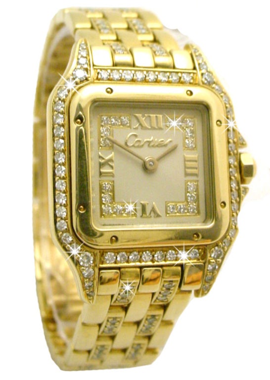 The Panthere watch, a classic for over 30 years is no longer in production. This is an opportunity to own a fabulous example of the model at a fraction of the original cost. The 18k yellow gold watch and bracelet features a diamonds case, dial and