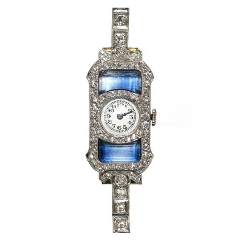 Art Deco Ladies Diamond Sapphire Watch For Sale