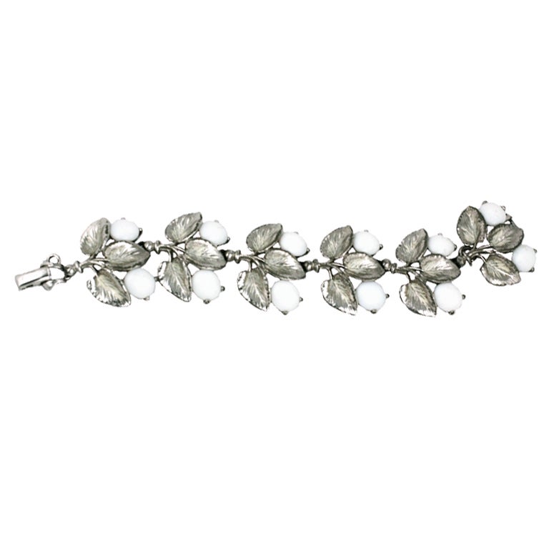 Schiaparelli Milk Glass Cabochon Leaf Bracelet