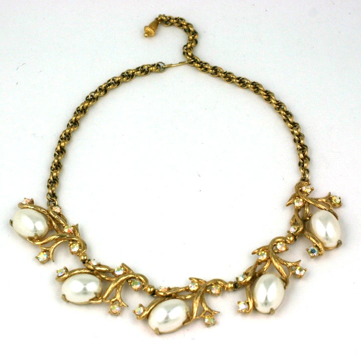 House of Schiaparelli Gilt Vine and Pearl Cab Necklace at 1stDibs