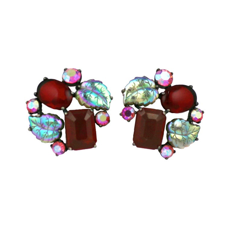 House of Schiaparelli Double iridized Leaf and Ruby Earclips For Sale