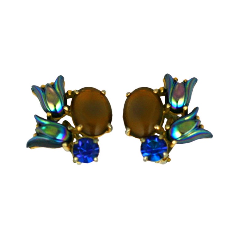 House of Schiaparelli Deep Water Cabochon and Tulip Earrings