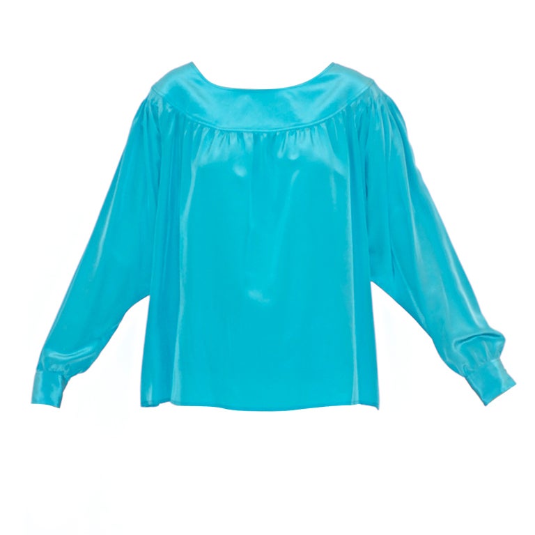 Yves Saint Laurent rive gauche Turquoise Silk Peasant Top For Sale
