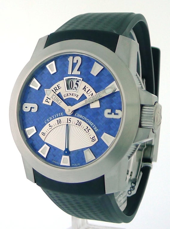 Brand Name: Pierre Kunz<br />
Style Number: PK G016 GD Sport<br />
Series: Grande Date Sport Retrograde Seconds<br />
Style (Gender): Mens<br />
Case Material: Stainless Steel<br />
Dial Color: Blue Texalium<br />
Movement: Mechanical