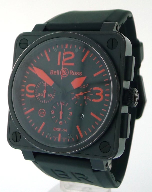 Brand Name: Bell & Ross<br />
Style Number: BR01-94-RED<br />
Series: BR01-94 LIMITED EDITION - 500 pieces<br />
Style (Gender): Mens<br />
Case Material: PVD<br />
Dial Color: Black, Red Numbers<br />
Movement: Automatic (Self-winding