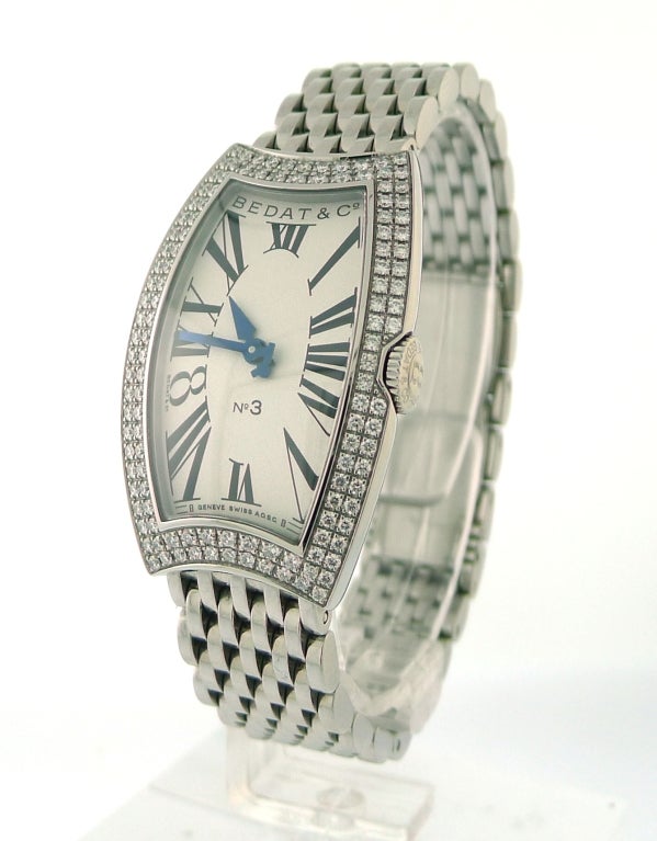 Brand Name: Bedat & Co<br />
Also Called: Ref. 384<br />
Series: No. 3<br />
Style (Gender): Ladies<br />
Case Material: Stainless Steel with diamonds<br />
Dial Color: Silver<br />
Movement: Swiss Quartz<br />
Engine: ETA 976.001<br