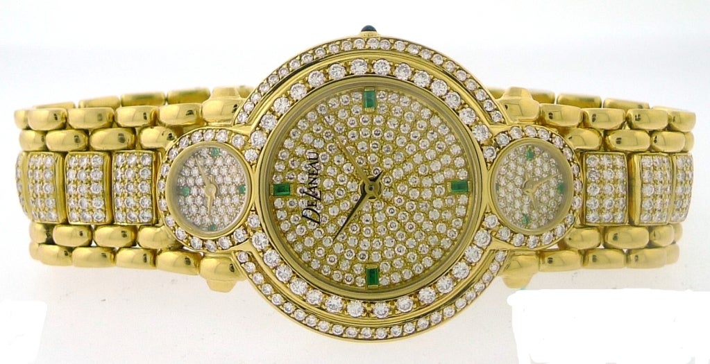Women's DELANEAU 'Three Time Zone' Emerald Pave Diamond Yellow Gold Watch