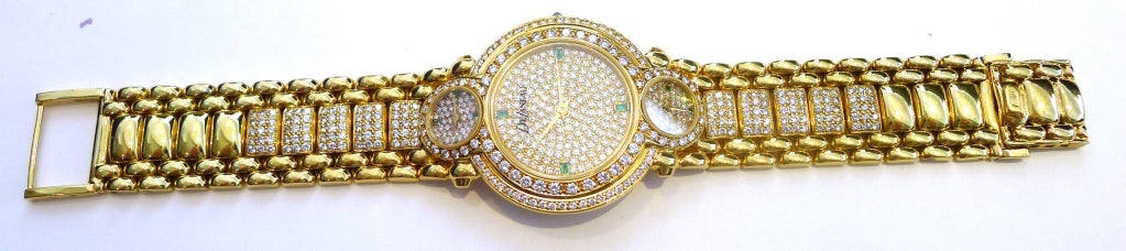 DELANEAU 'Three Time Zone' Emerald Pave Diamond Yellow Gold Watch 4