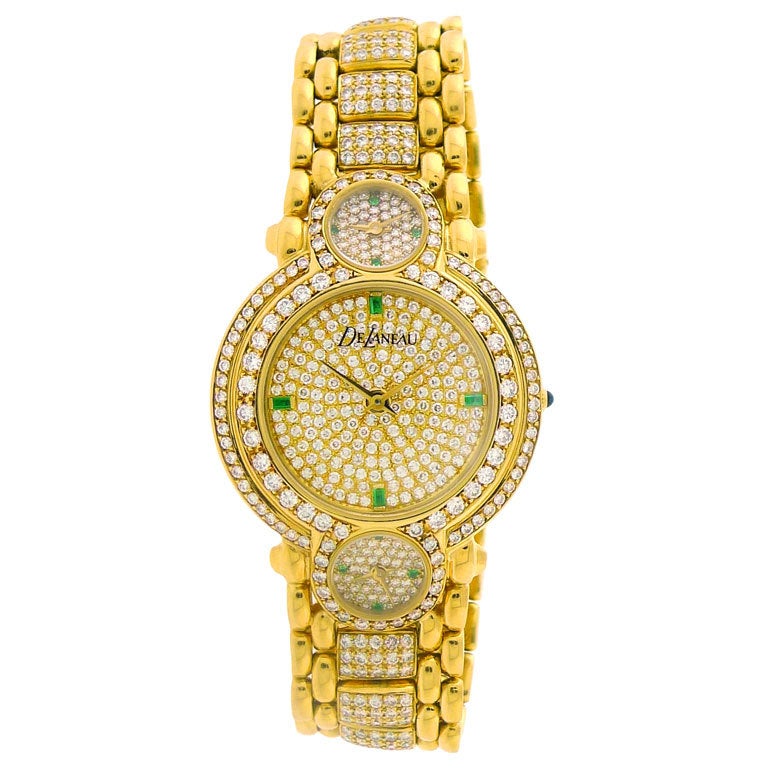 DELANEAU 'Three Time Zone' Emerald Pave Diamond Yellow Gold Watch