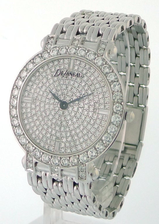 This is the Delaneau White Gold with Diamonds watch. Ref number G-596. The case is made if White Gold and Diamonds. It has a Pave Diamond Dial. The movement is Quartz. The crystal is made of Sapphire which makes it scratch resistant. The case