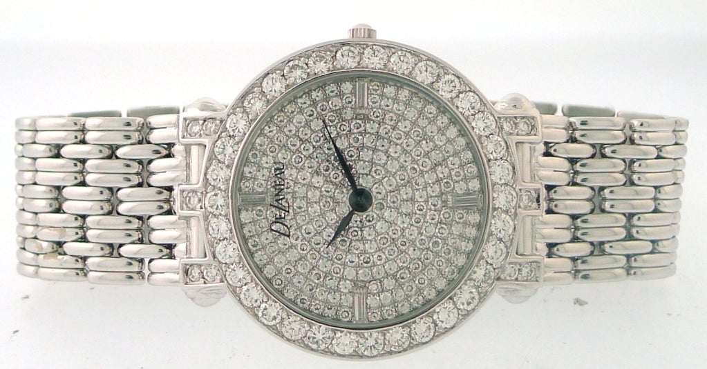 Women's DELANEAU 'Fancy' Pave Diamond White Gold Dial & Bezel Watch