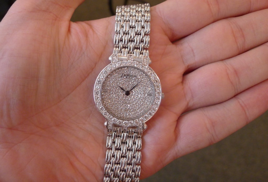 DELANEAU 'Fancy' Pave Diamond White Gold Dial & Bezel Watch 5