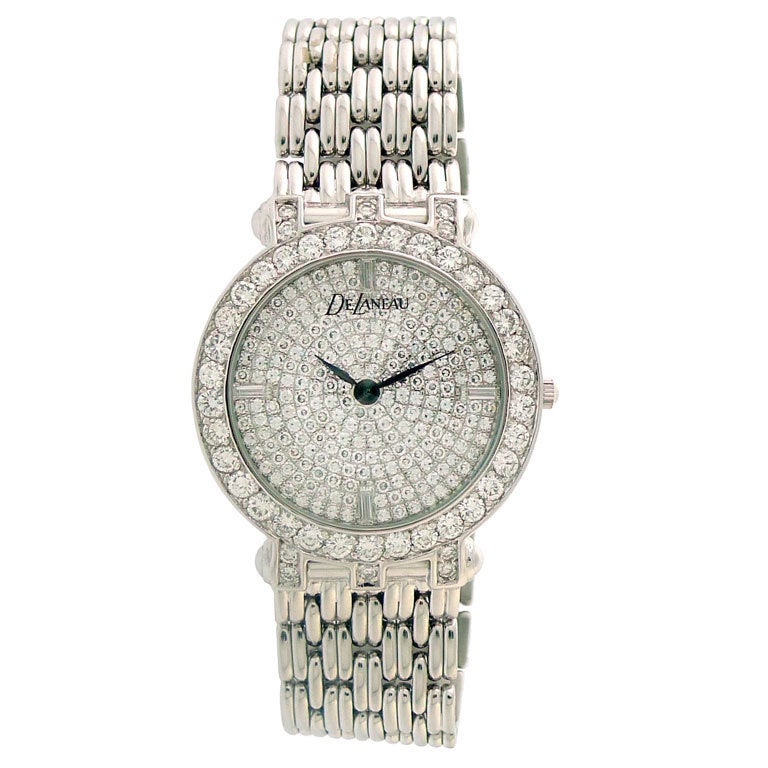 DELANEAU 'Fancy' Pave Diamond White Gold Dial & Bezel Watch