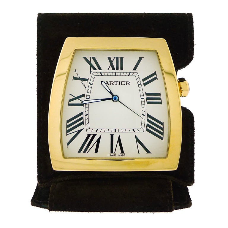 CARTIER Yellow Gold Plated & Suede La Dona Travel Alarm Clock