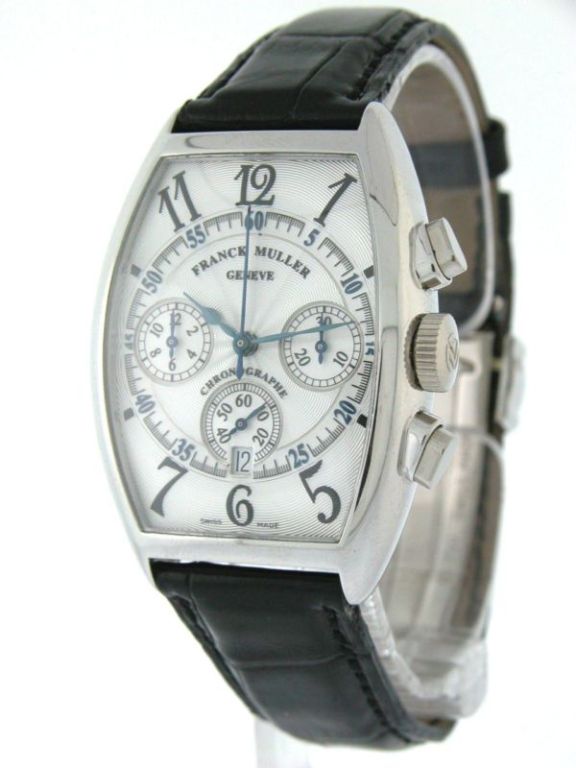 Brand Name 	Franck Muller
Style Number 	5850 CC AT
Series 	Chronograph
Gender 	Unisex
Case Material 	White Gold
Dial Color 	Silver
Movement 	Automatic
Case Diameter 	39 mm x 32 mm
Strap Material 	Black Leather Strap
Clasp Material 	White