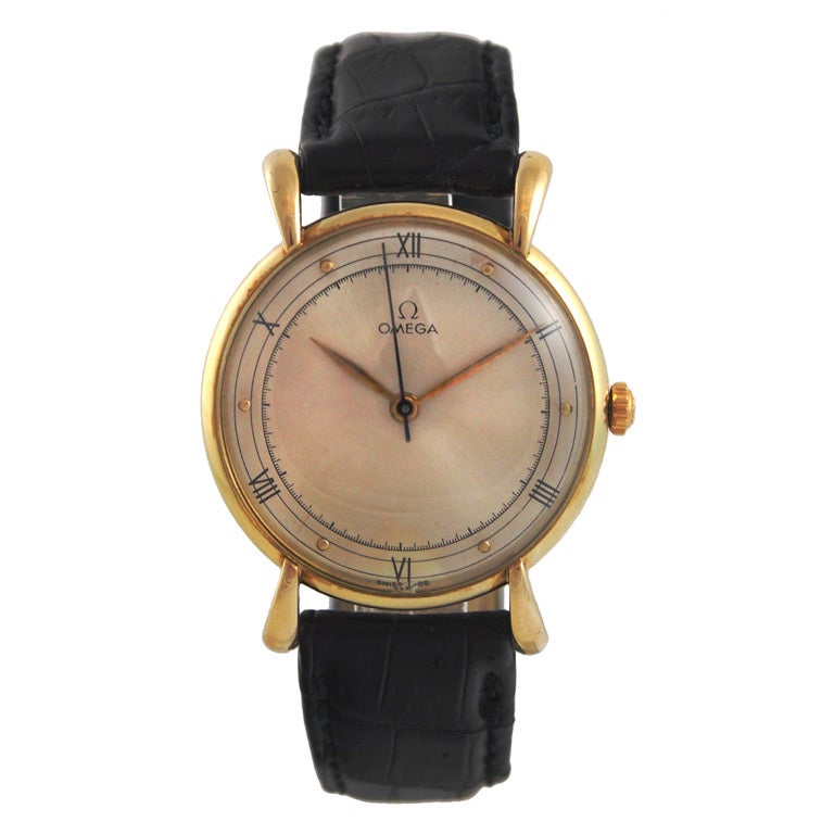 Omega Yellow Gold Dress Watch with Flared Tear-Drop Lugs