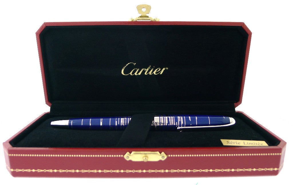 Brand Name: Cartier

Style Number: ST170124

Series: Louis Cartier Constellation (from 2007)

Pen Style: Fountain

Metal: Lacquer & Platinum Finish. The deep blue lacquer and circular lines symbolizes the rotation of the stars around the