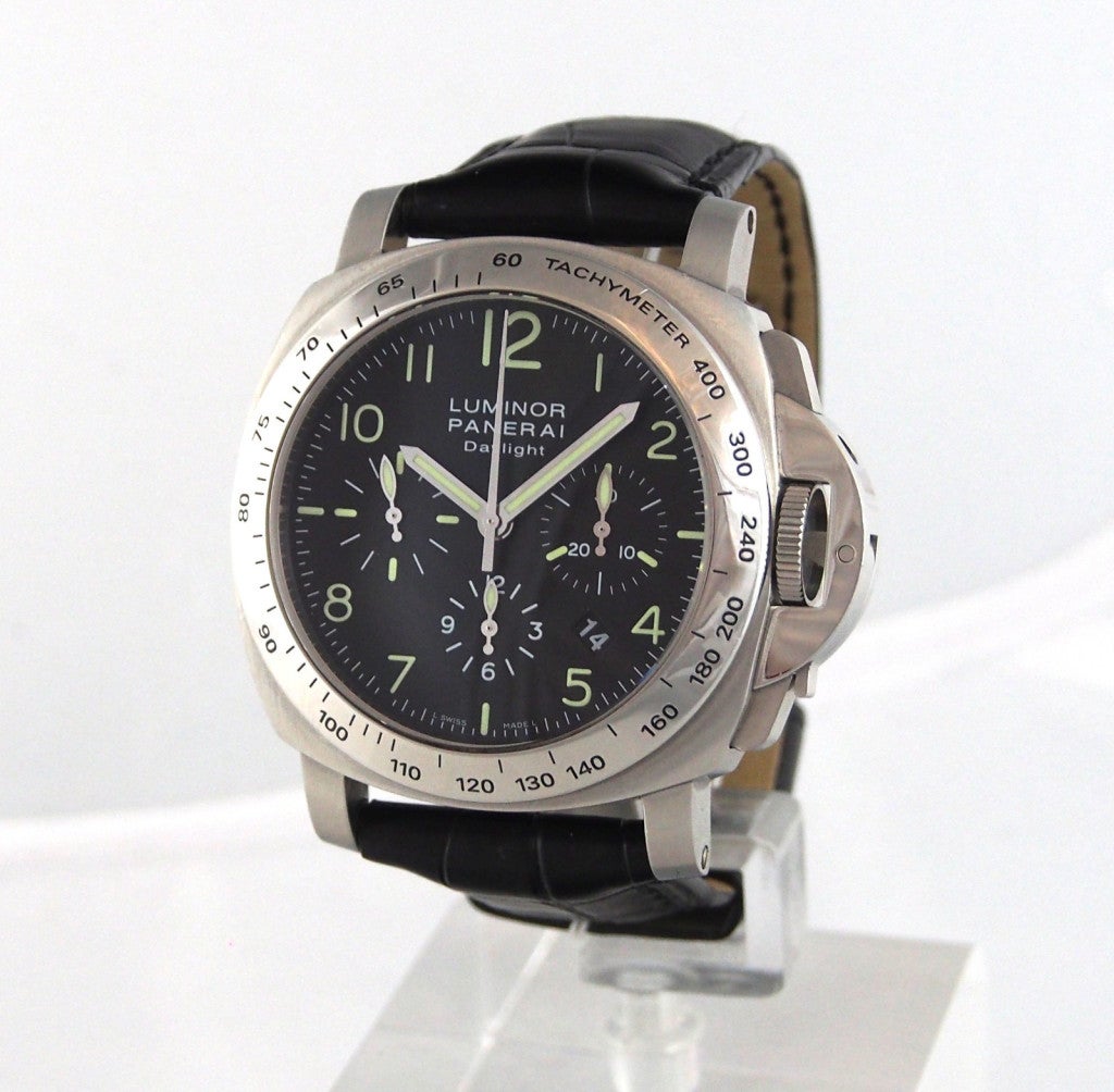 Brand Name: Panerai
Style Number: PAM 196
Also Called: PAM 00196
Series: Daylight Chronograph Luminor Marina Automatic
Gender: Men's
Case Material: Stainless Steel
Dial Color: Black - Arabic Numerals
Movement: Automatic
Engine: OPXII
