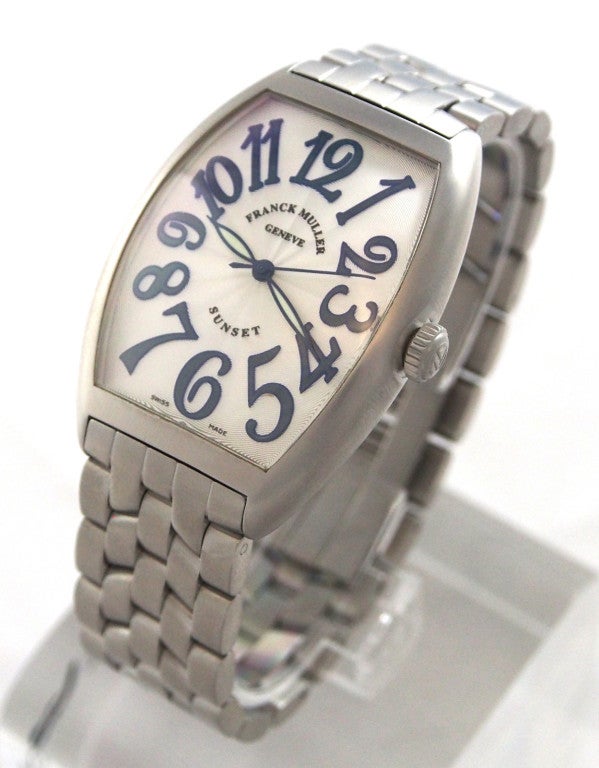 Brand Name: Franck Muller
Style Number: 6850 SC
Also Called: 6850SC
Series: Sunset
Gender: Men's
Case Material: Stainless Steel
Dial Color: Silvered Guilloche with Blue Arabic Numbers
Movement: Automatic
Functions: Hours, Minutes,