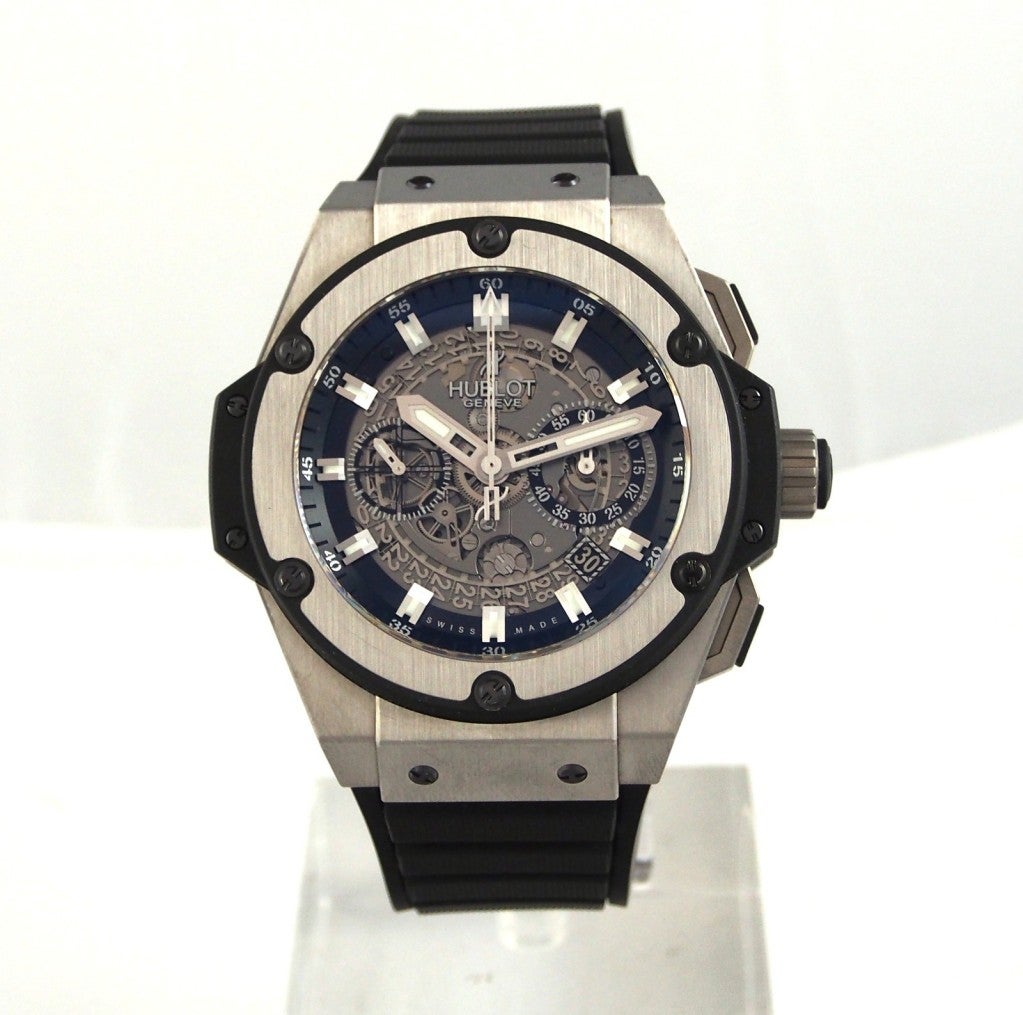 Brand Name: Hublot
Style Number: 701.NX.0170.RX
Also Called: 701NX0170RX
Series: King Power Unico Special Edition
Gender: Men's
Case Material: Titanium
Dial Color: Silvered Skeletonized
Movement: Automatic
Engine: Calibre 1240
Functions: