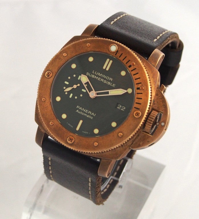 Brand Name: Panerai
Style Number: PAM00382
Also Called: Panerai 382, PAM382, PAM 382
Series: Luminor 1950 Submersible 3 Days Automatic - BRONZO
Gender: Men's
Case Material: Brushed Bronze, Steel Back
Dial Color: Green
Movement: