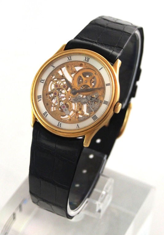 Brand: Audemars Piguet
Series: Skeletonized Watch, circa 1980s
Case Material: 18k Yellow Gold
Dial: Skeleton with Matte Silvered Chapter Ring and Painted Roman Numerals
Movement: Mechanical very fine skeletonized, 14K pink gold movement,