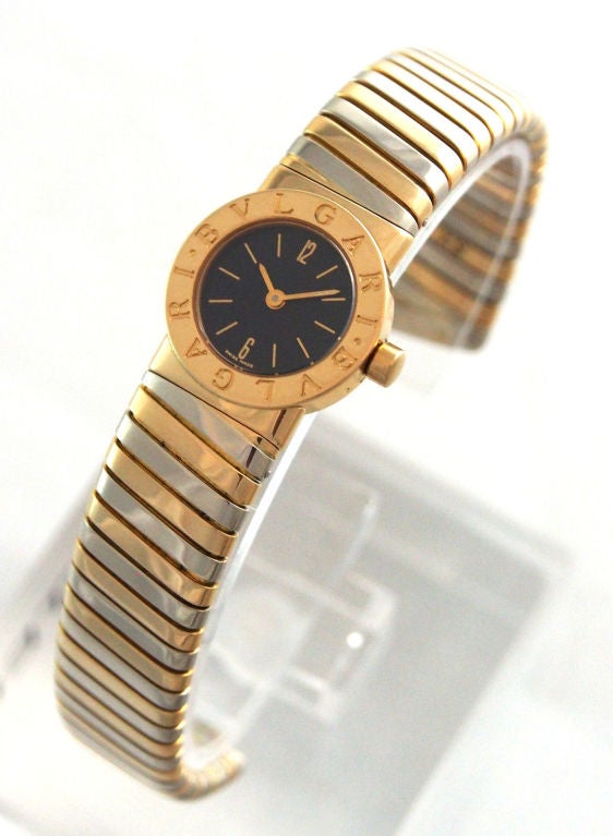 Bulgari Lady's Yellow and White Gold Tubogas Bangle Watch In Excellent Condition In Los Angeles, CA