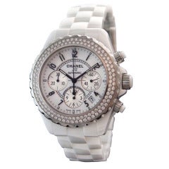 Chanel White Ceramic and Diamond J12 Quartz Chronograph Wristwatch