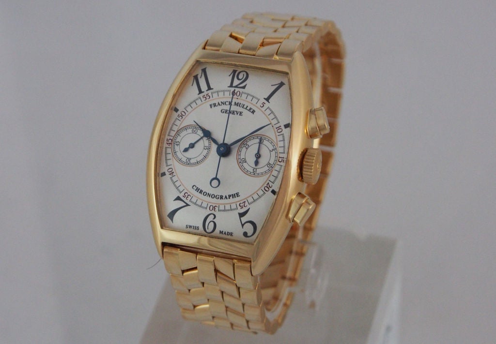 Brand Name: Franck Muller
Style Number: 5850 CC
Gender: Men's
Case Material: 18k Yellow Gold
Dial: Silvered
Movement: Manual-Wind
Functions: Hours, Minutes, Seconds, Chronograph
Case Measurements: 45mm x 32mm
Bracelet Material: 18k Yellow
