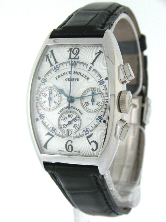 Franck Muller Chronograph Ref 5850 CC White Gold watch.  39mm x 32mm case, silver dial. Black leather strap. Automatic movement. Pre-owned, extremely clean complete with box/papers.

Philippe's is not an authorized dealer for the products it