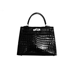 Hermes black 25 cm croc kelly with red interior