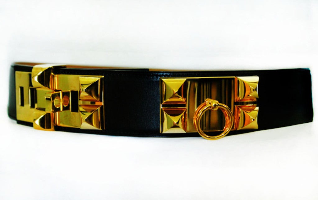 The most sought after belt of Hermes that never goes out of style. The Hermes black box leather belt with gold hardware is the perfect accessory for most outfits.<br />
Stamped Hermes and comes with slip cover.<br />
Contact dealer for measurements